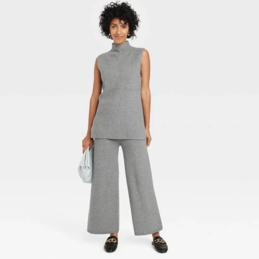 A New Day Mock Turtle Neck Ribbed Sweater Vest Set- Gray